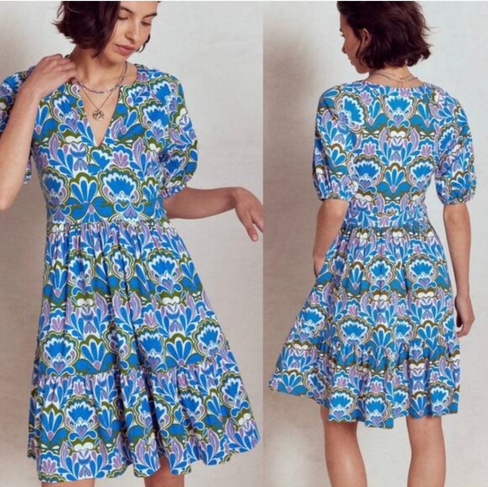 Boden Piper Floral Jersey Dress Fit Flare Short Sleeve Kingfisher Blue Freesia